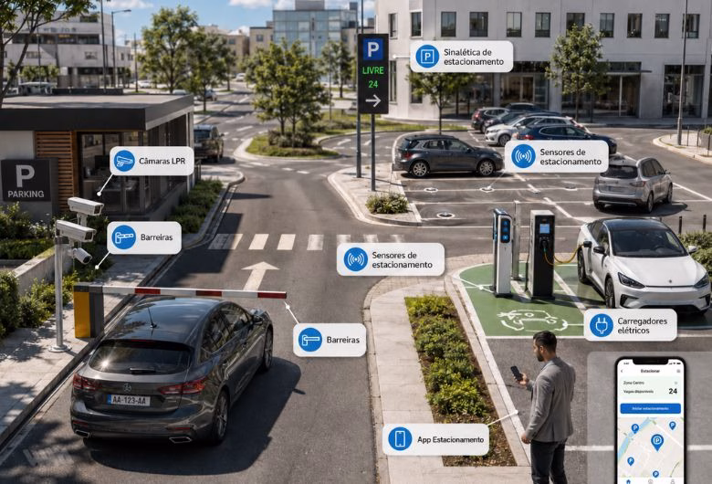 Estacionamento Inteligente Os equipamentos de Estacionamento Inteligente permitem controlar acessos, monitorizar a ocupação e orientar os utilizadores para os lugares disponíveis.</p>
<p>Principais características: